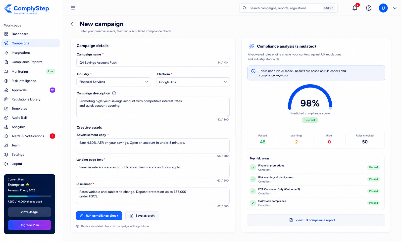 ComplyStep new campaign creation screen