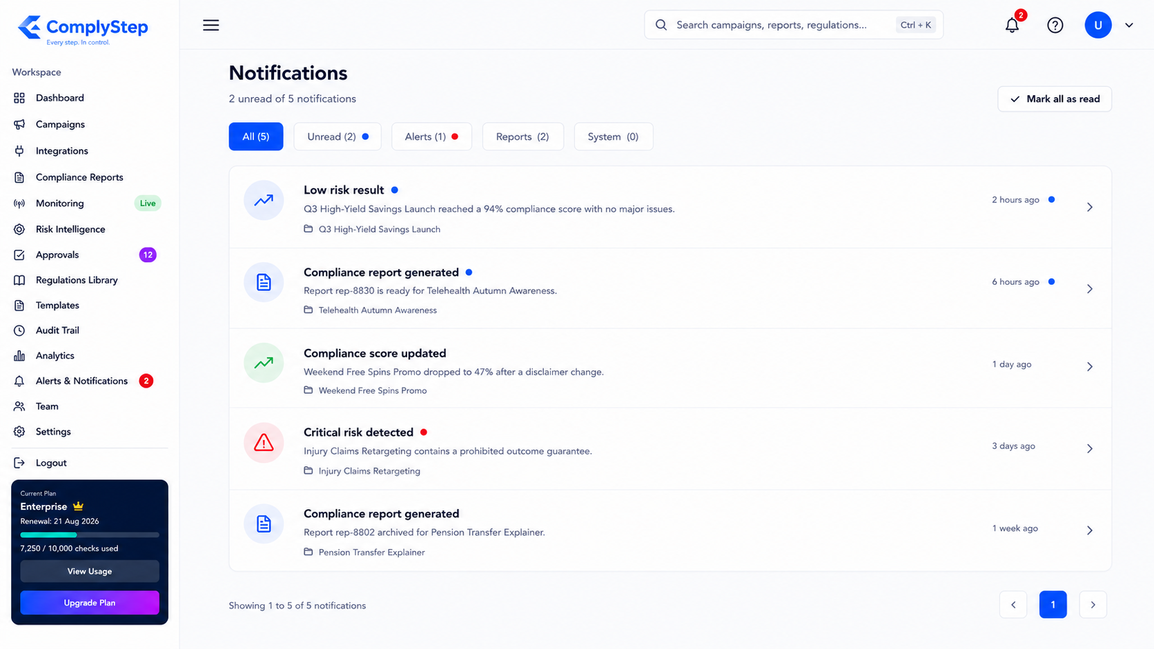 ComplyStep notifications screen